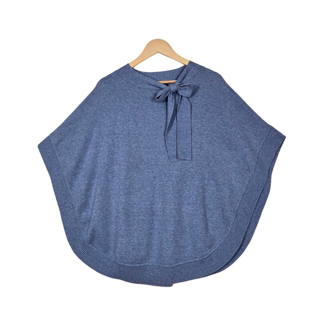 Talbots Cape Poncho Sweater Tie Neck Bow sz S Blue Knit